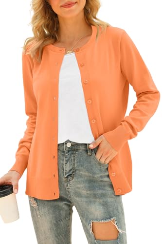 DEARCASE Damen Cardigans Langarm Offene Front Gestrickte Cardigan Knopf Rundhalspullover Leichter einfarbiger Pullover, Small Orange von DEARCASE