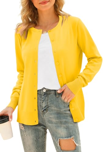 DEARCASE Damen Cardigans Langarm Offene Front Gestrickte Cardigan Knopf Rundhalspullover Leichter einfarbiger Pullover, X-Large Light Yellow von DEARCASE