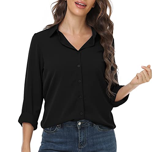 DEARCASE Damen Casual Button Down Hemd V-Ausschnitt Chiffon Langarm Büro Blusen Damen Loose Fit Sommer Tops, Large Black DEARCASE Damen Casual Button Down Hemd V-Ausschnitt Chiffon Langarm Büro Blusen Damen Loose Fit Sommer Tops, Large Black von DEARCASE