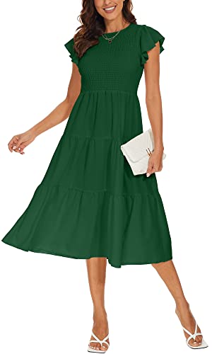 DEARCASE Damen Casual Maxi Sommerkleid Boho Rundhalsausschnitt Rüschen Kurzarm Elastische Hohe Taille Lagenloses Legeres Langes Kleid für Damen, 2X-Large Dark Green von DEARCASE