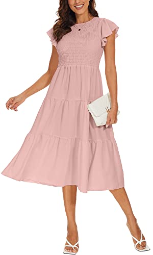 DEARCASE Damen Casual Maxi Sommerkleid Boho Rundhalsausschnitt Rüschen Kurzarm Elastische Hohe Taille Lagenloses Legeres Langes Kleid für Damen, 2X-Large Pink von DEARCASE