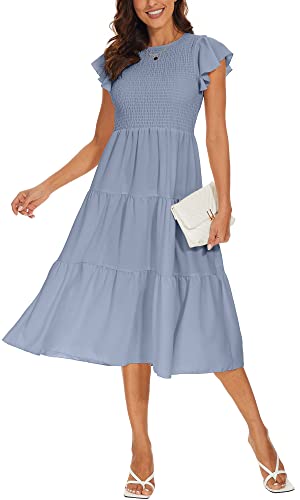 DEARCASE Damen Casual Maxi Sommerkleid Boho Rundhalsausschnitt Rüschen Kurzarm Elastische Hohe Taille Lagenloses Legeres Langes Kleid für Damen, Large Gray Blue von DEARCASE