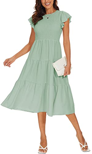 DEARCASE Damen Casual Maxi Sommerkleid Boho Rundhalsausschnitt Rüschen Kurzarm Elastische Hohe Taille Lagenloses Legeres Langes Kleid für Damen, Large Lake Green von DEARCASE