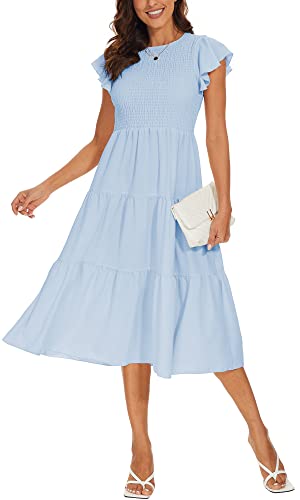 DEARCASE Damen Casual Maxi Sommerkleid Boho Rundhalsausschnitt Rüschen Kurzarm Elastische Hohe Taille Lagenloses Legeres Langes Kleid für Damen, Medium Light Blue von DEARCASE