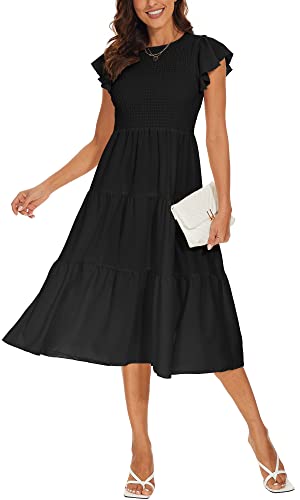 DEARCASE Damen Casual Maxi Sommerkleid Boho Rundhalsausschnitt Rüschen Kurzarm Elastische Hohe Taille Lagenloses Legeres Langes Kleid für Damen, Small Black von DEARCASE