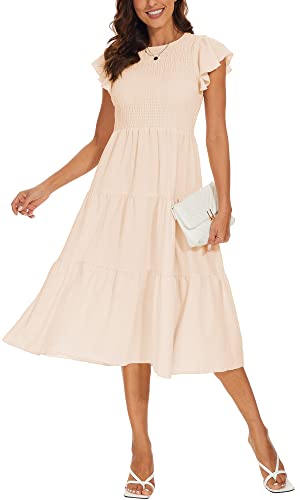 DEARCASE Damen Casual Maxi Sommerkleid Boho Rundhalsausschnitt Rüschen Kurzarm Elastische Hohe Taille Lagenloses Legeres Langes Kleid für Damen, X-Large Apricot von DEARCASE