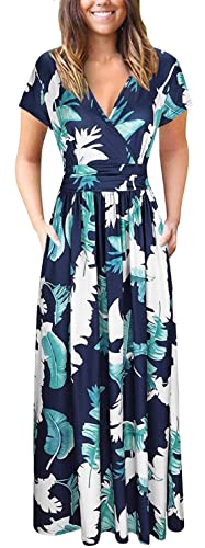 DEARCASE Damen Casual V-Ausschnitt Kurz/Lang V-Ausschnitt Floral Muster Wrap Maxi Long Kleid mit Taschen, Grünes Blatt L von DEARCASE