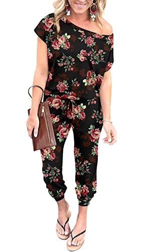 DEARCASE Damen Elegant Schulterfrei Lose Jumpsuit Kurzarm Playsuit Dehnbar Overall Hosenanzug Elastische Taille Romper mit Taschen, Small Rose Black von DEARCASE