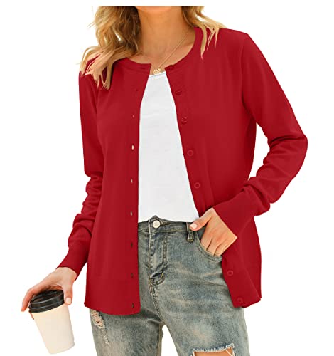 DEARCASE Damen Elegante Lässige Female Strickjacke Solide Langarm Strickjacke Gestrickt Blazer Damen Strickjacke Jacke Knopfleiste Cardingan, Rot 2XL von DEARCASE