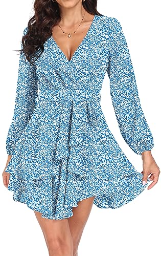 DEARCASE Damen Elegantes Kleid Retro A Bunt Floral Langarm Casual Sommer Cocktail Abend Party Kleider mit Taille Riemen, Floral Blau M von DEARCASE