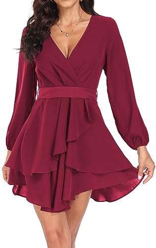 DEARCASE Damen Elegantes Kleid Retro A Bunt Floral Langarm Casual Sommer Cocktail Abend Party Kleider mit Taille Riemen, Rotwein 2XL von DEARCASE