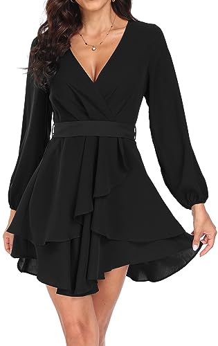 DEARCASE Damen Elegantes Kleid Retro A Bunt Floral Langarm Casual Sommer Cocktail Abend Party Kleider mit Taille Riemen, Schwarz 2XL von DEARCASE