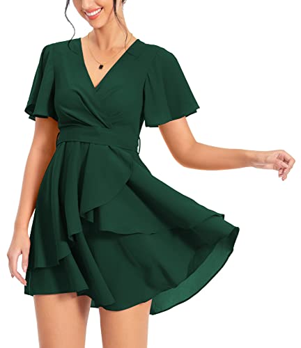 DEARCASE Damen Elegantes Kleid Retro A Buntes Blumenmuster Kurzarm Casual Sommer Cocktail Abend Party Kleider mit Taille Riemen, Dunkelgrün L von DEARCASE