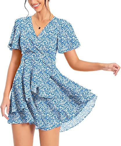 DEARCASE Damen Elegantes Kleid Retro A Buntes Blumenmuster Kurzarm Casual Sommer Cocktail Abend Party Kleider mit Taille Riemen, Floral Blau XL von DEARCASE