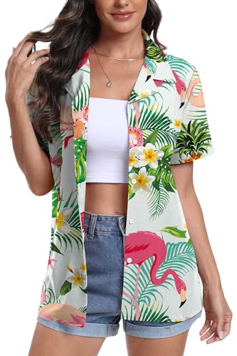 DEARCASE Damen Hawaii Hemd Kurzarm Button Down Shirts Soft Cool Floral Tropic Print V-Ausschnitt Sommer Strand Tops T-Shirt, Small Bird Green Leaf von DEARCASE
