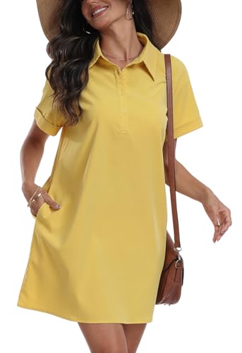 DEARCASE Damen Hemdkleid Sommer Casual Kurzarm Button Down Mini Kleider Strand Cover Up Shirts mit Taschen, Large Yellow von DEARCASE