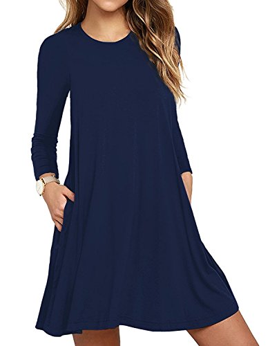 DEARCASE Damen Kleid Blumen Freizeitkleider Lange Ärmel Knielang Rundhal für Damen Plus Größe Elegant Strand Kleider mit Taschen (Blue, L) von DEARCASE