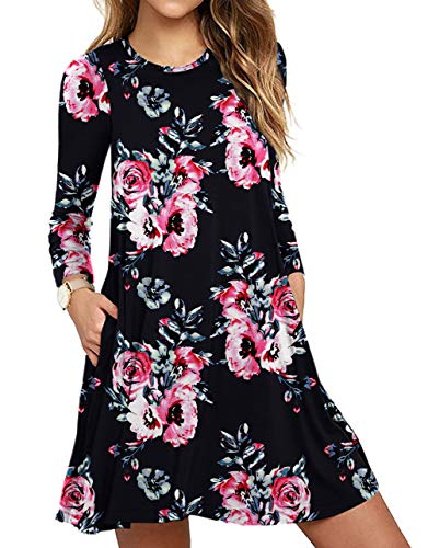 DEARCASE Damen Kleid Blumen Freizeitkleider Lange Ärmel Knielang Rundhal für Damen Plus Größe Elegant Strand Kleider mit Taschen (Blumen Schwarz, XL) von DEARCASE