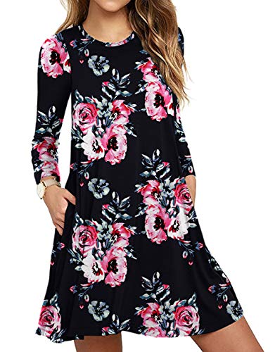 DEARCASE Damen Kleid Blumen Freizeitkleider Lange Ärmel Knielang Rundhal für Damen Plus Größe Elegant Strand Kleider mit Taschen (Blumen Schwarz, XXL) von DEARCASE