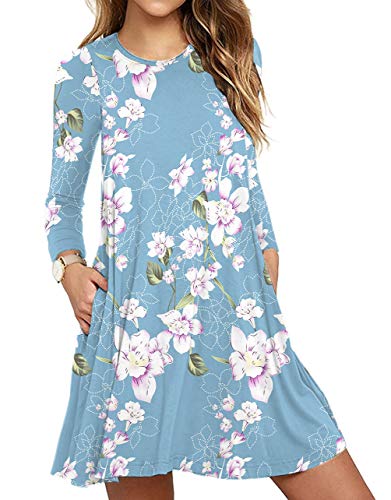 DEARCASE Damen Kleid Blumen Freizeitkleider Lange Ärmel Knielang Rundhal für Damen Plus Größe Elegant Strand Kleider mit Taschen (Floral Hellblau, M) von DEARCASE