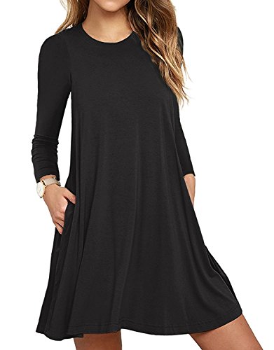 DEARCASE Damen Kleid Blumen Freizeitkleider Lange Ärmel Knielang Rundhal für Damen Plus Größe Elegant Strand Kleider mit Taschen (Schwarz, S) von DEARCASE