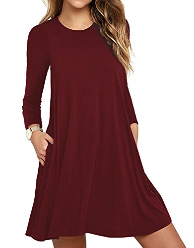 DEARCASE Damen Kleid Blumen Freizeitkleider Lange Ärmel Knielang Rundhal für Damen Plus Größe Elegant Strand Kleider mit Taschen (Weinrot, XL) von DEARCASE