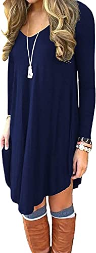 DEARCASE Damen Kleider Casual Lockeres Damenkleid, Lange Ärmel V-Ausschnitt Weiches Elegantes Tunika Kleid mit unregelmässigem Saum Strand Swing T-Shirt Kleid (Marineblau, XL) von DEARCASE