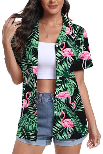 DEARCASE Damen Kurzarm Button Down Hawaii Shirts Soft Cool Floral Tropic Print V-Ausschnitt Sommer Strand Tops T-Shirt, 2X-Large Bird Black von DEARCASE