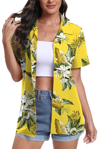 DEARCASE Damen Kurzarm Button Down Hawaii Shirts Soft Cool Floral Tropic Print V-Ausschnitt Sommer Strand Tops T-Shirt, 2X-Large White Flower Yellow von DEARCASE