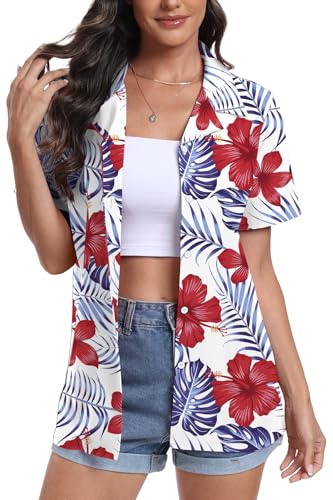 DEARCASE Damen Kurzarm Button Down Hawaii Shirts Soft Cool Floral Tropic Print V-Ausschnitt Sommer Strand Tops T-Shirt, Large Red Flower White von DEARCASE
