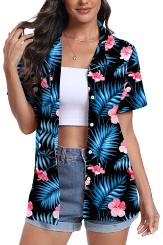 DEARCASE Damen Kurzarm Button Down Hawaii Shirts Soft Cool Floral Tropic Print V-Ausschnitt Sommer Strand Tops T-Shirt, Medium Green Leaf Black von DEARCASE