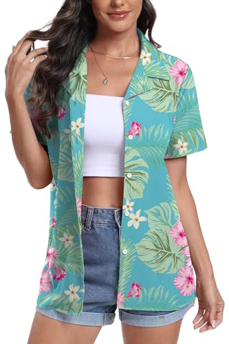 DEARCASE Damen Hawaii Hemd Kurzarm Button Down Shirts Soft Cool Floral Tropic Print V-Ausschnitt Sommer Strand Tops T-Shirt, Medium Pink Flower Blue von DEARCASE