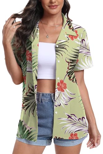 DEARCASE Damen Hawaii Hemd Kurzarm Button Down Shirts Soft Cool Floral Tropic Print V-Ausschnitt Sommer Strand Tops T-Shirt, Medium Pink Flower Green von DEARCASE
