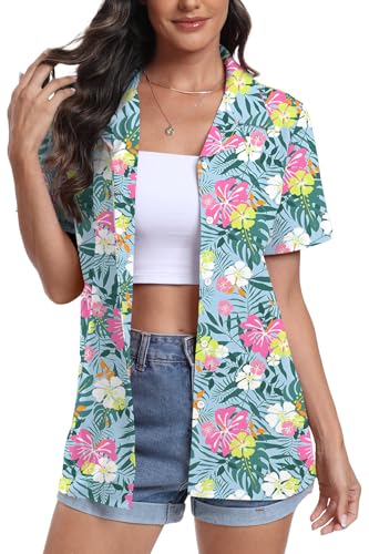 DEARCASE Damen Kurzarm Button Down Hawaii Shirts Soft Cool Floral Tropic Print V-Ausschnitt Sommer Strand Tops T-Shirt, Small White Pink Flower von DEARCASE