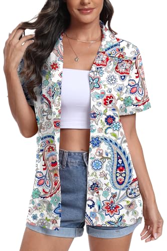 DEARCASE Damen Kurzarm Button Down Hawaii Shirts Soft Cool Floral Tropic Print V-Ausschnitt Sommer Strand Tops T-Shirt, X-Large Mix Flower White von DEARCASE