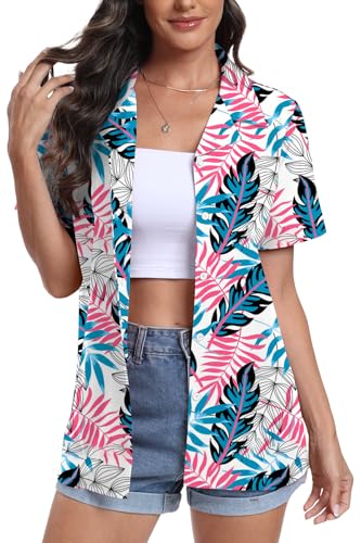 DEARCASE Damen Kurzarm Button Down Hawaii Shirts Soft Cool Floral Tropic Print V-Ausschnitt Sommer Strand Tops T-Shirt, X-Large Mix Leaf White von DEARCASE