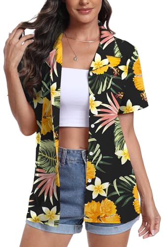 DEARCASE Damen Hawaii Hemd Kurzarm Button Down Shirts Soft Cool Floral Tropic Print V-Ausschnitt Sommer Strand Tops T-Shirt, X-Large Yellow Flower Black von DEARCASE