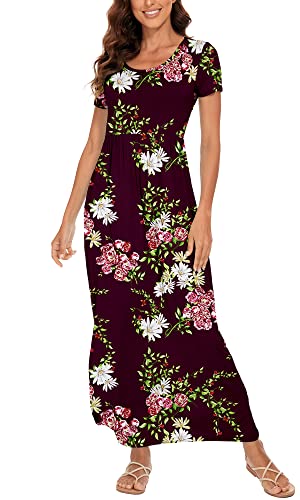 DEARCASE Damen Maxikleid Sommer Umstands Casual Kurzarm Blumen Lockeres Langes Kleider Übergröße Damenkleid mit Tasche von DEARCASE