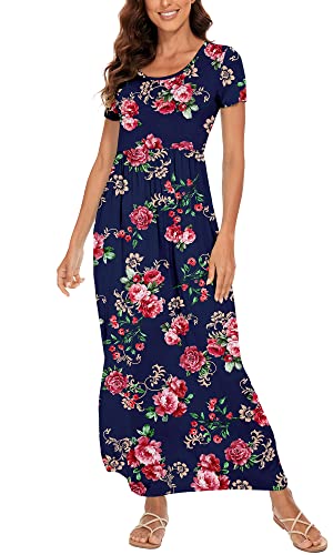 DEARCASE Damen Maxikleid Sommer Umstands Casual Kurzarm Blumen Lockeres Langes Kleider Übergröße Damenkleid mit Tasche von DEARCASE