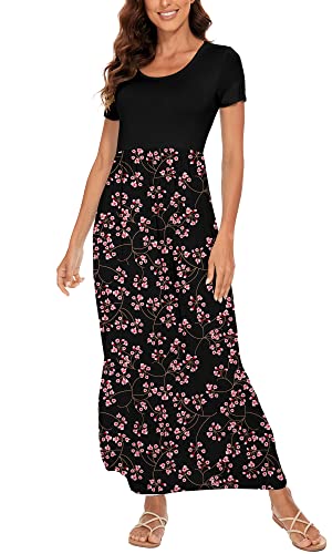 DEARCASE Damen Kurzarm Lose Einfarbig Maxi Sommerkleider Lässige Blumen Lange Kleider mit Taschen, 2X-Large Gypsophila Black von DEARCASE