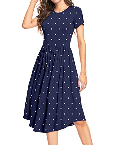 DEARCASE Damen Kurzarm Tunika Kleid Polka Dot Muster Rundhalsausschnitt Midi Kleid für Sommer Casual Flared Style mit Taschen L, Navy Blau von DEARCASE