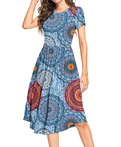 DEARCASE Damen Kurzarm Tunika Kleid Polka Dot Muster Rundhalsausschnitt Midi-Kleid für den Sommer Casual Flared Style mit Taschen 3XL, Gemischt Blau von DEARCASE