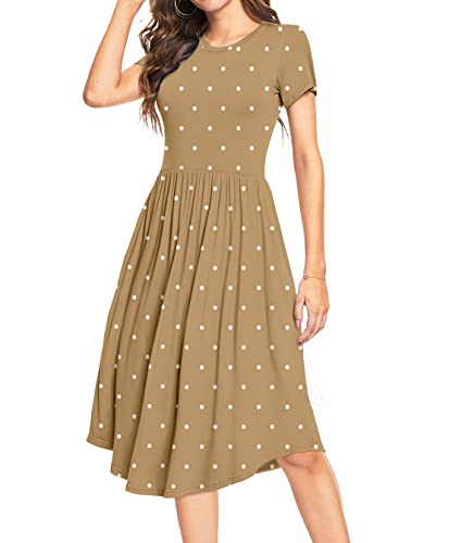 DEARCASE Damen Kurzarm Tunika Kleid Polka Dot Muster Rundhalsausschnitt Midikleid für den Sommer Casual Flared Style mit Taschen S, Khaki Polka Dot von DEARCASE