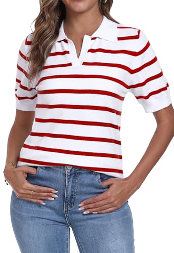 DEARCASE Damen Kurzarm gestreiftes T-Shirt Sommer Gerippter Strickkragen Casual Nette Basic Tops Large, White Stripe Red von DEARCASE