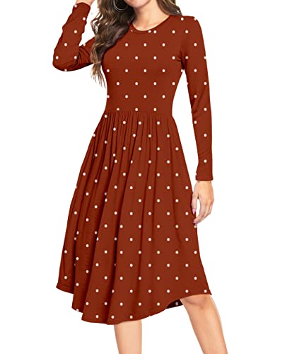 DEARCASE Damen Langärmeliges Tunika Kleid Polka Dot Motiv Rundhalsausschnitt Kleid Casual Flared Style mit Taschen 2XL, Ziegelrot Polka Dot von DEARCASE
