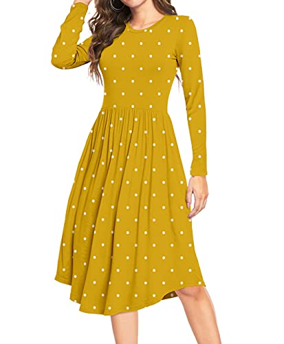 DEARCASE Damen Langärmeliges Tunika-Kleid mit Polka Dot Muster Rundhalsausschnitt Kleid Casual Flared Style mit Taschen S, Polka Dot Gelb von DEARCASE