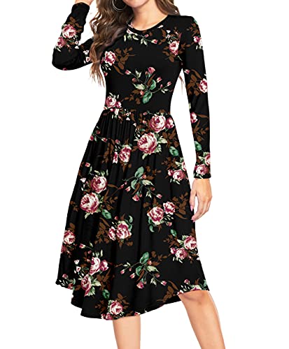 DEARCASE Damen Langärmliges Tunika-Kleid Langärmliges Tupfenmuster Rundhalsausschnitt Kleid Ausgestellter Stil Freizeitkleid mit Taschen S, Schwarz und Rose von DEARCASE