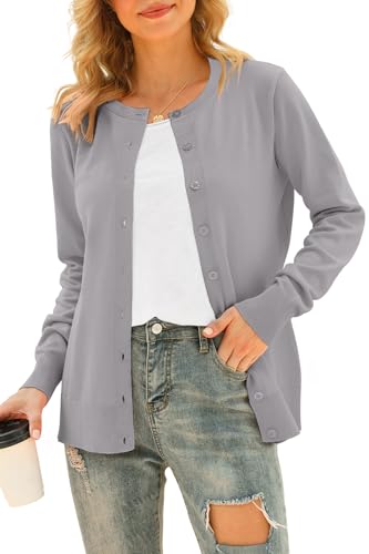 DEARCASE Damen Langarm Offene Front Gestrickte Strickjacken Knopf Rundhalsausschnitt Pullover Leichte Einfarbige Pullover, Large Gray von DEARCASE