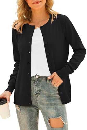 DEARCASE Damen Langarm Offene Front Gestrickte Strickjacken Knopf Rundhalsausschnitt Pullover Leichte Einfarbige Pullover, Small Black von DEARCASE