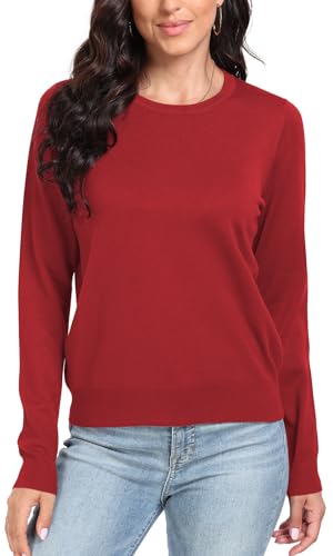 DEARCASE Damen Langarm Pullover Oversize Rundhals Gestrickt Einfarbig Locker Strickpullover Oberteile für den Winter, Small Red von DEARCASE